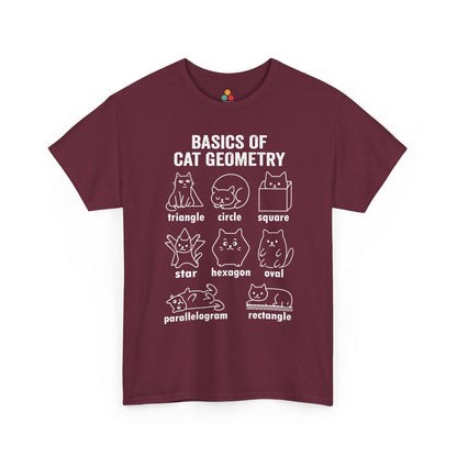 TEEZOCA maroon cat geometry funny graphic T-shirt displayed flat, front view. Cat Geometry Funny Math Shapes Teacher Student Lover Dad Mom Back School T-Shirt