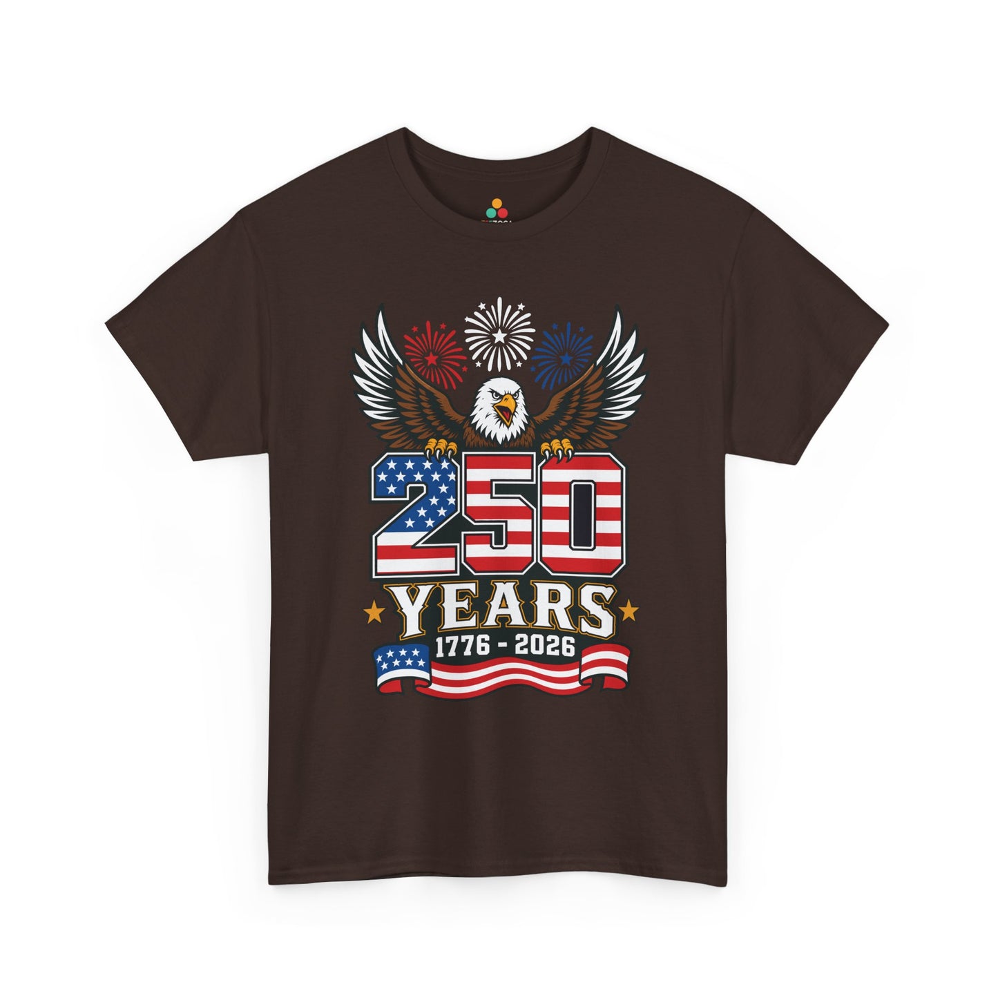 TEEZOCA mens patriotic graphic tee design with eagle wings, red white blue 250 numbers, and America 250th birthday style.
