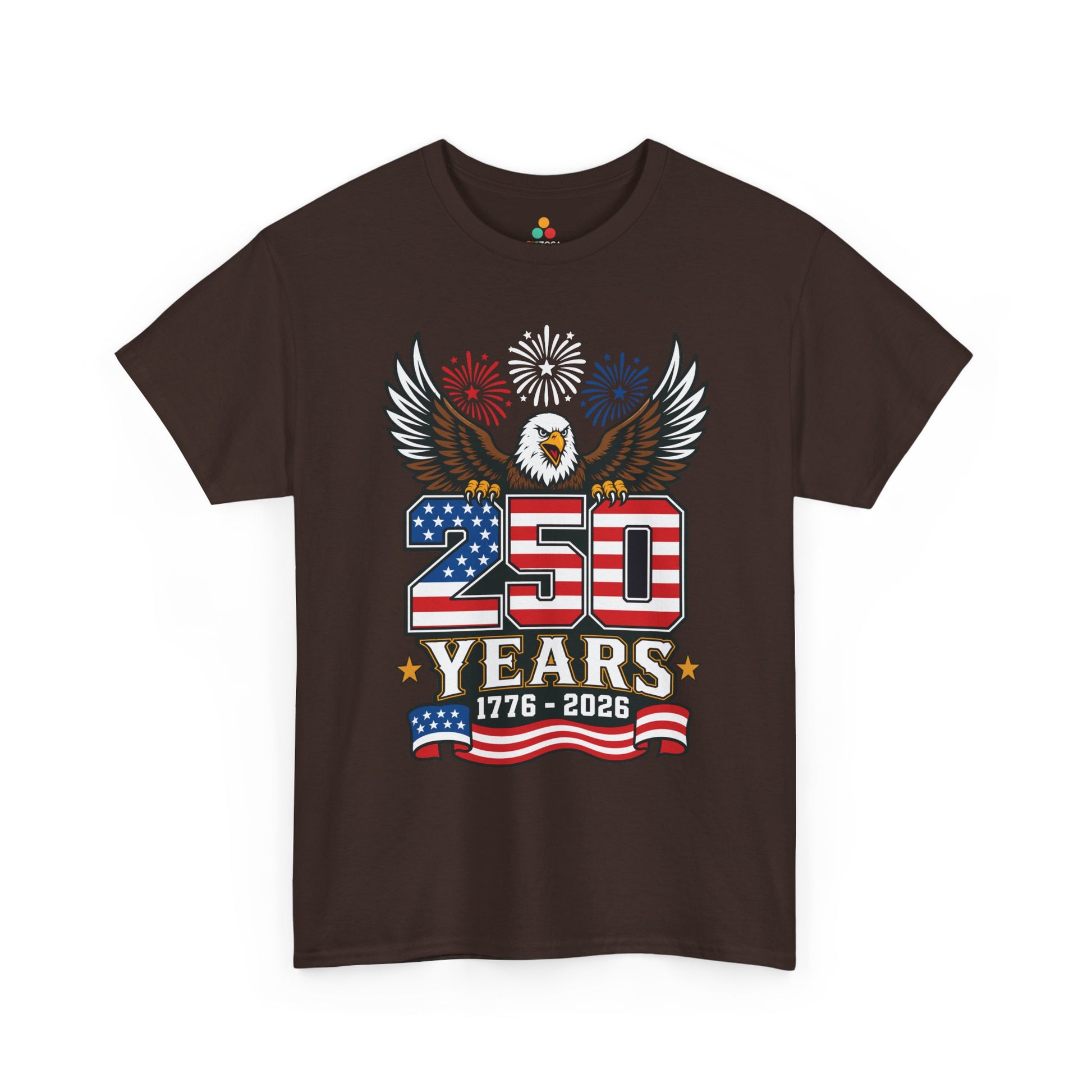 TEEZOCA mens patriotic graphic tee design with eagle wings, red white blue 250 numbers, and America 250th birthday style.
