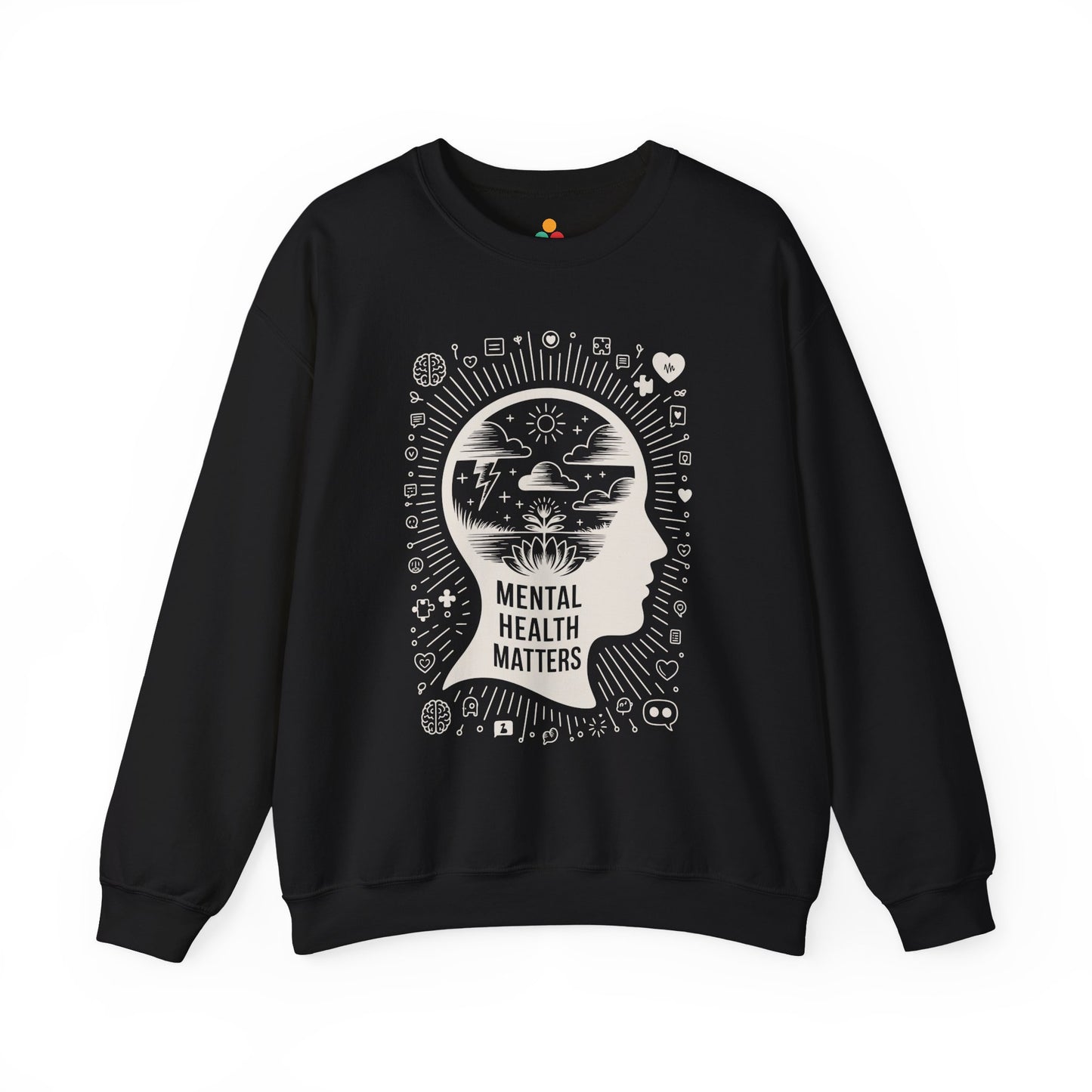 TEEZOCA mental health matters sweatshirt with mindfulness head silhouette design Black sweatshirt with 'Mental Health Matters' design on a white background