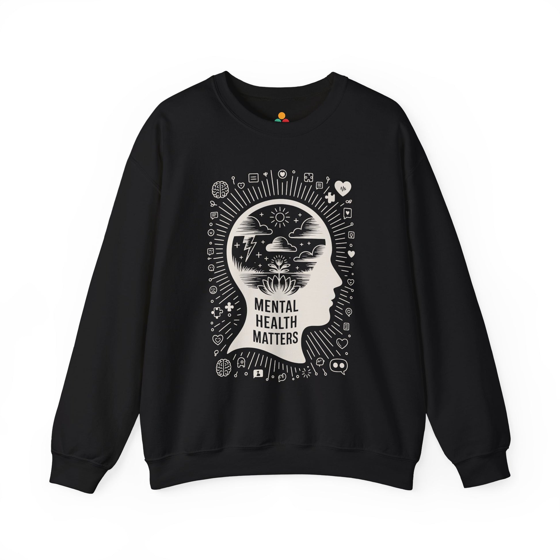 TEEZOCA mental health matters sweatshirt with mindfulness head silhouette design Black sweatshirt with 'Mental Health Matters' design on a white background