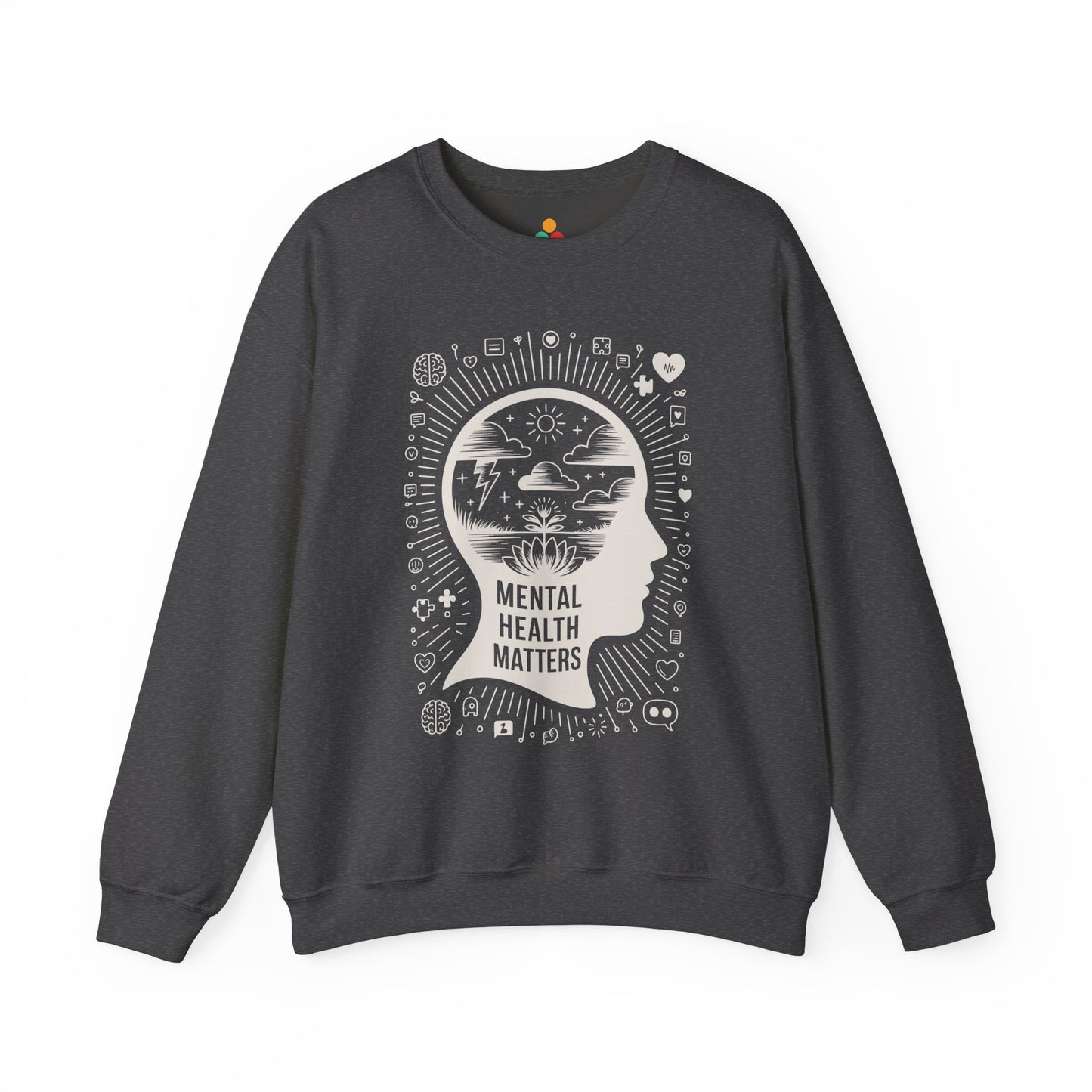 TEEZOCA mental health matters sweatshirt with mindfulness head silhouette design Dark gray sweatshirt with 'Mental Health Matters' design on a white background
