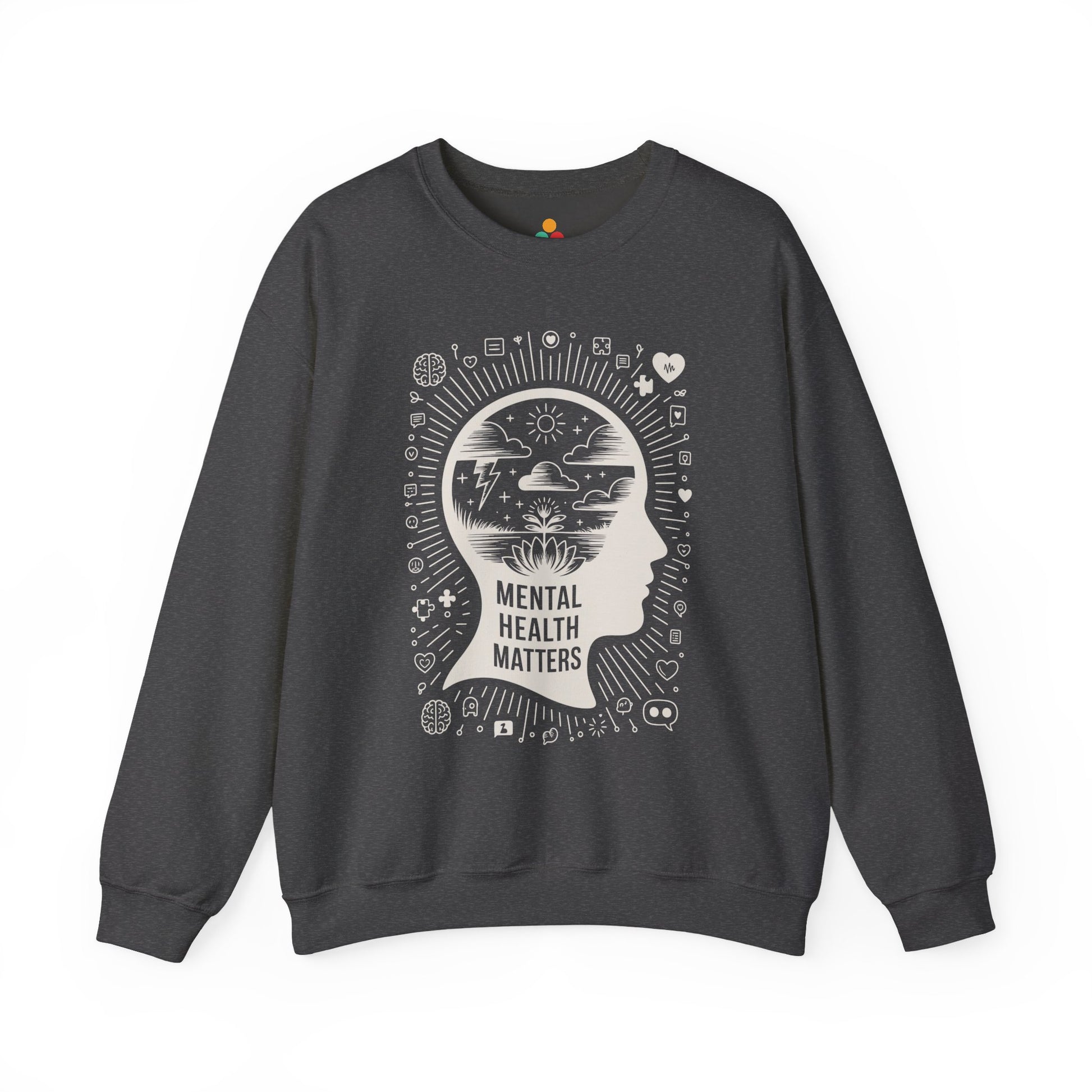 TEEZOCA mental health matters sweatshirt with mindfulness head silhouette design Dark gray sweatshirt with 'Mental Health Matters' design on a white background