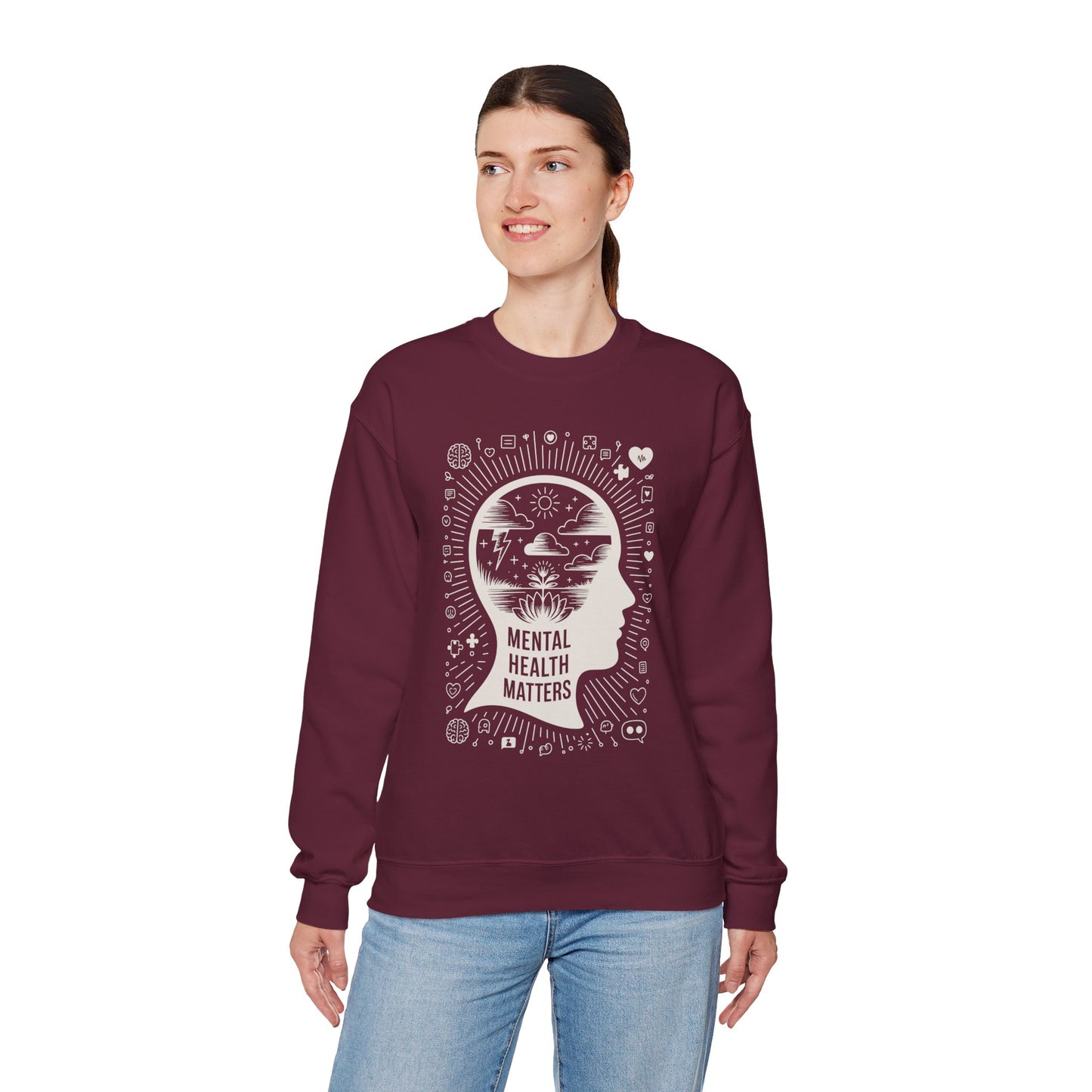 TEEZOCA mental health matters sweatshirt with mindfulness head silhouette design Person wearing a maroon sweatshirt with 'Mental Health Matters' design on a white background