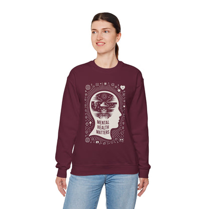 TEEZOCA mental health matters sweatshirt with mindfulness head silhouette design Person wearing a maroon sweatshirt with 'Mental Health Matters' design on a white background