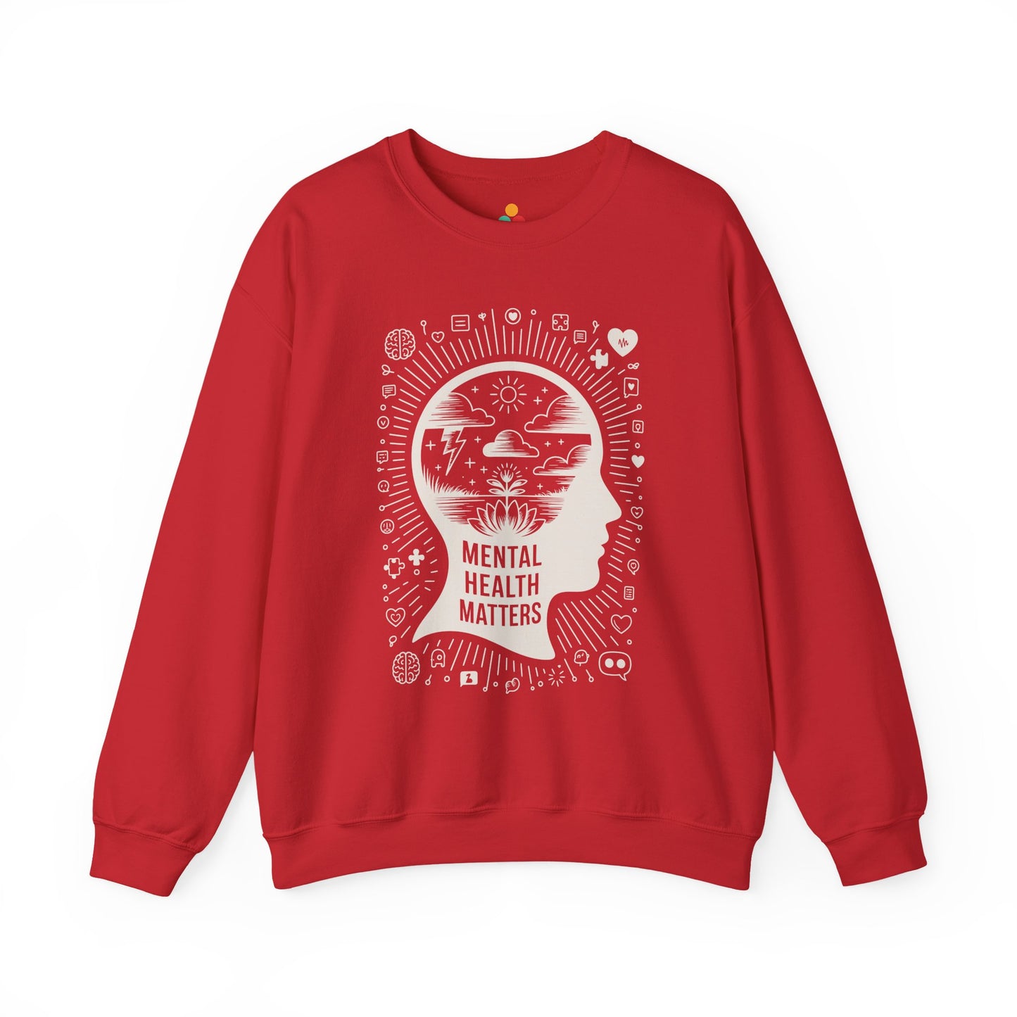 TEEZOCA mental health matters sweatshirt with mindfulness head silhouette design Red sweatshirt with 'Mental Health Matters' design on a white background