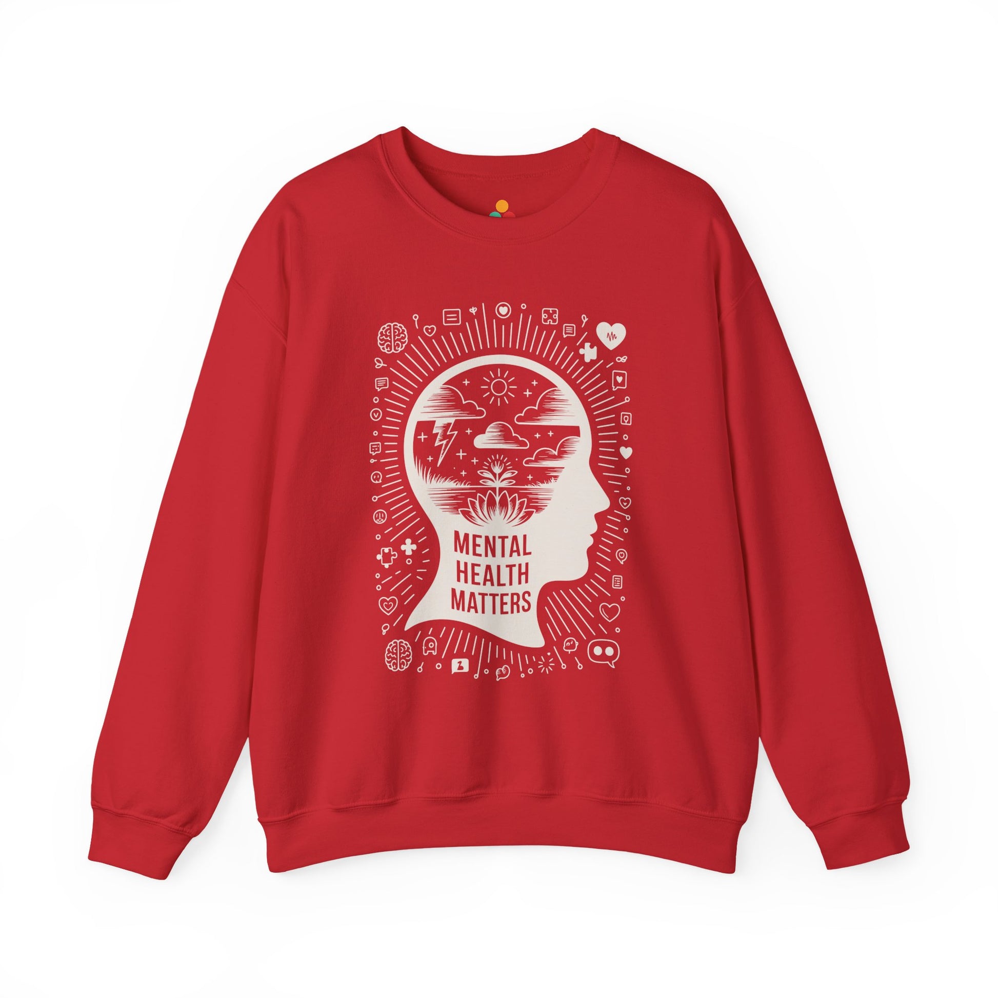TEEZOCA mental health matters sweatshirt with mindfulness head silhouette design Red sweatshirt with 'Mental Health Matters' design on a white background