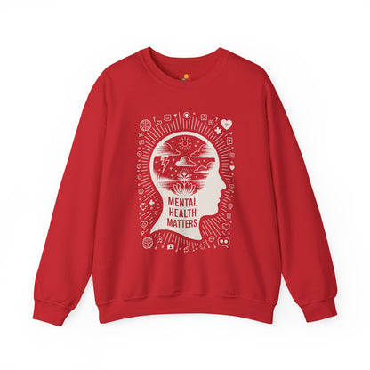 TEEZOCA mental health matters sweatshirt with mindfulness head silhouette design Red sweatshirt with 'Mental Health Matters' design on a white background