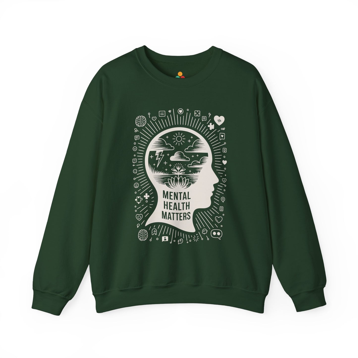 TEEZOCA mental health sweatshirt with calm mind and awareness themed artwork Green sweatshirt with 'Mental Health Matters' design on a white background