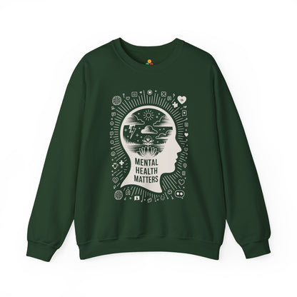TEEZOCA mental health sweatshirt with calm mind and awareness themed artwork Green sweatshirt with 'Mental Health Matters' design on a white background