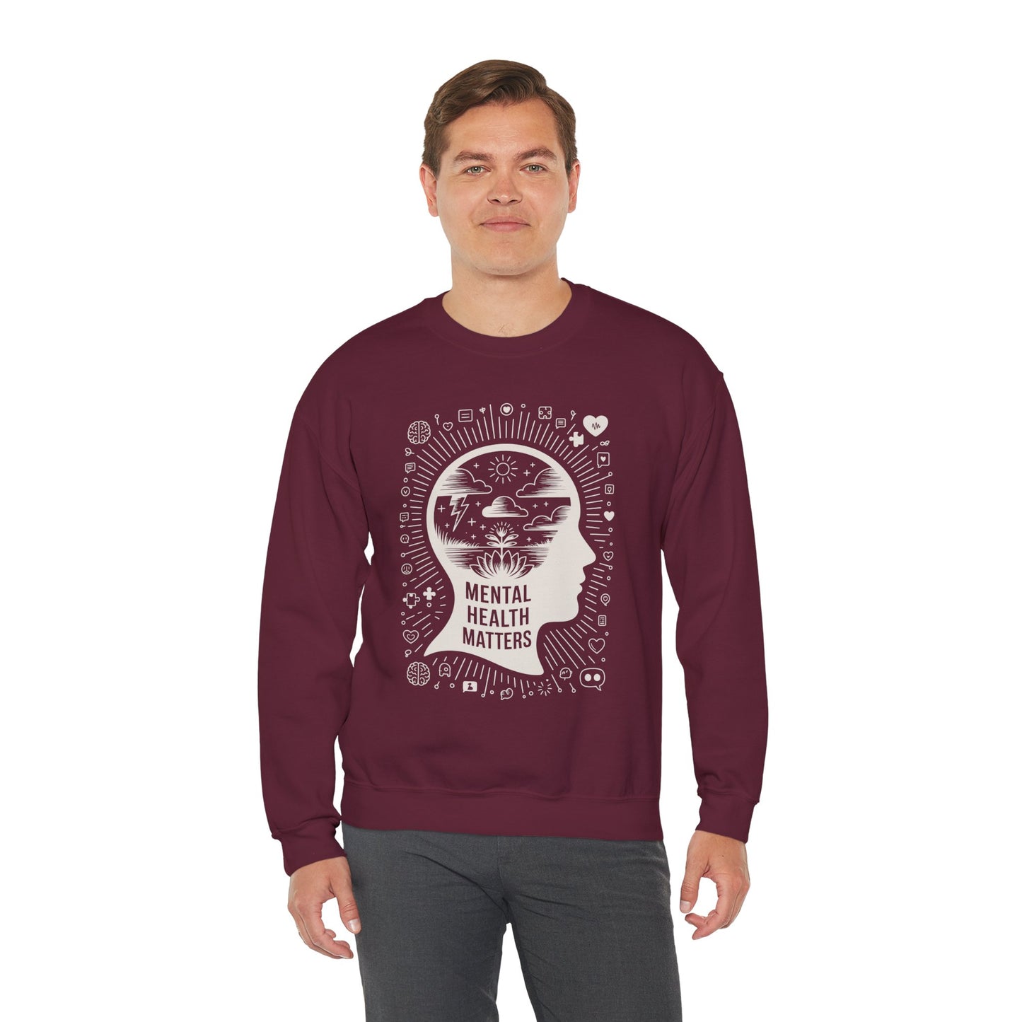 TEEZOCA mental health sweatshirt with calm mind and awareness themed artwork Man wearing a maroon sweatshirt with 'Mental Health Matters' design on a white background