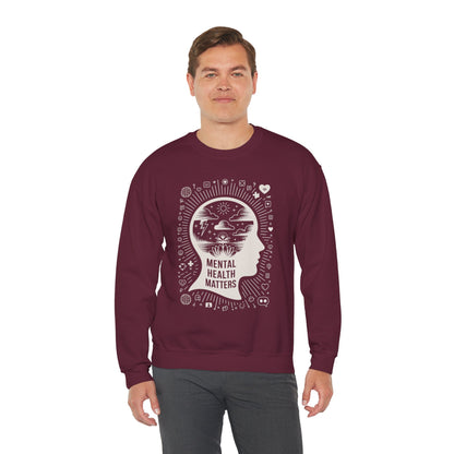 TEEZOCA mental health sweatshirt with calm mind and awareness themed artwork Man wearing a maroon sweatshirt with 'Mental Health Matters' design on a white background