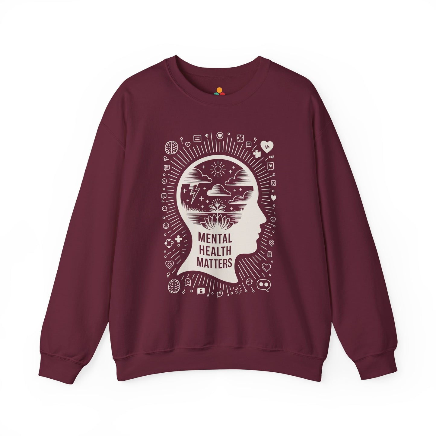 TEEZOCA mental health sweatshirt with calm mind and awareness themed artwork Maroon sweatshirt with 'Mental Health Matters' design on a white background