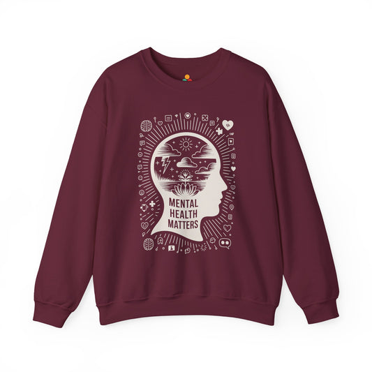 TEEZOCA mental health sweatshirt with calm mind and awareness themed artwork Maroon sweatshirt with 'Mental Health Matters' design on a white background