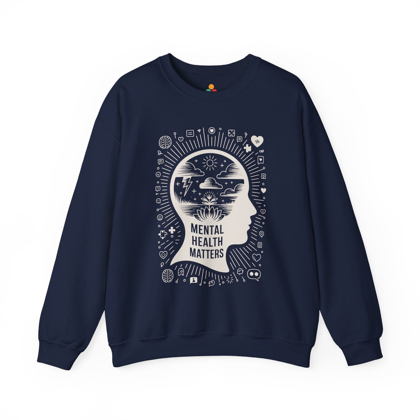 TEEZOCA mental health sweatshirt with calm mind and awareness themed artwork Navy blue sweatshirt with 'Mental Health Matters' design on a white background