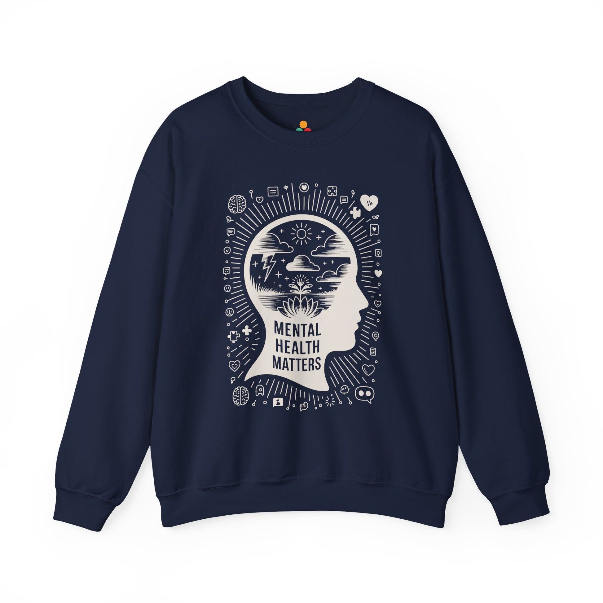 TEEZOCA mental health sweatshirt with calm mind and awareness themed artwork Navy blue sweatshirt with 'Mental Health Matters' design on a white background