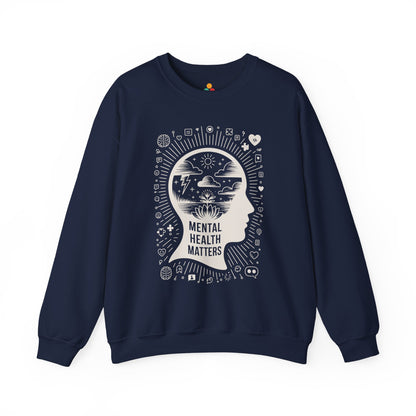 TEEZOCA mental health sweatshirt with calm mind and awareness themed artwork Navy blue sweatshirt with 'Mental Health Matters' design on a white background