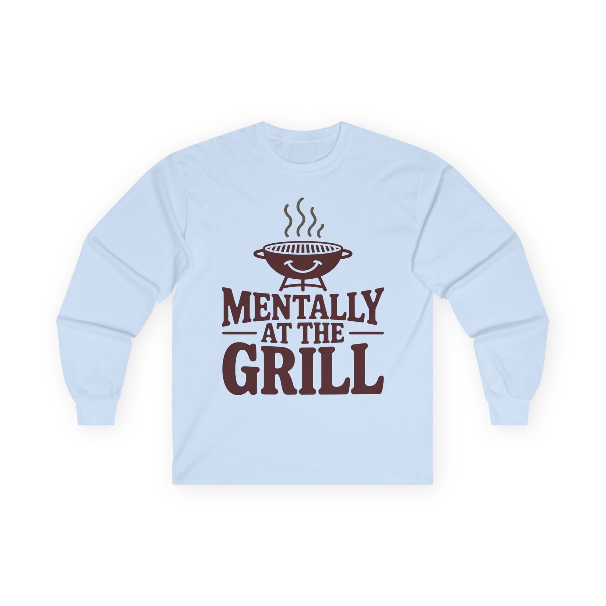 TEEZOCA mentally at the grill BBQ themed long-sleeve shirt Light blue sweatshirt with 'Mentally at the Grill' text and graphic on a white background