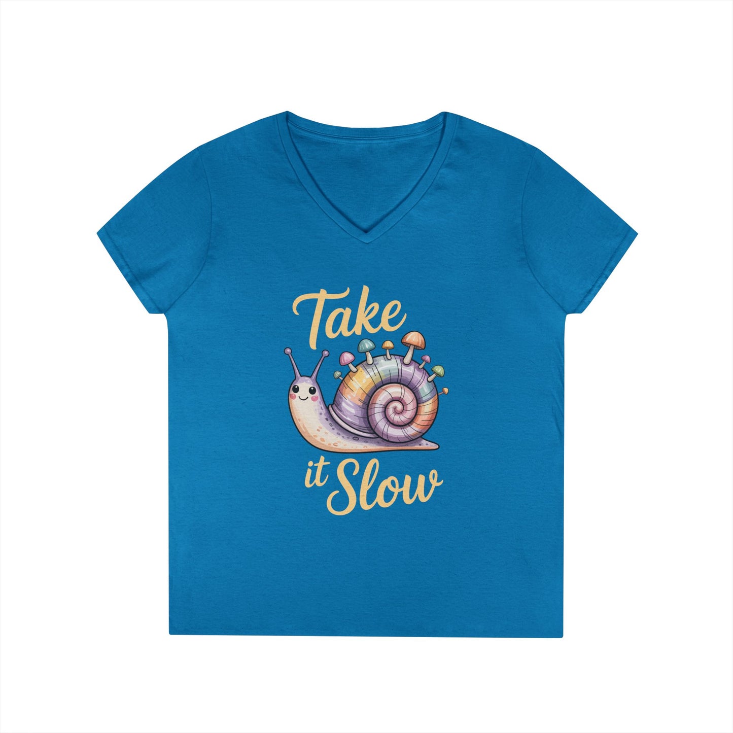Take It Slow Cute Snail Art V-Neck T-Shirt Relaxed Aesthetic Style | TEEZOCA 