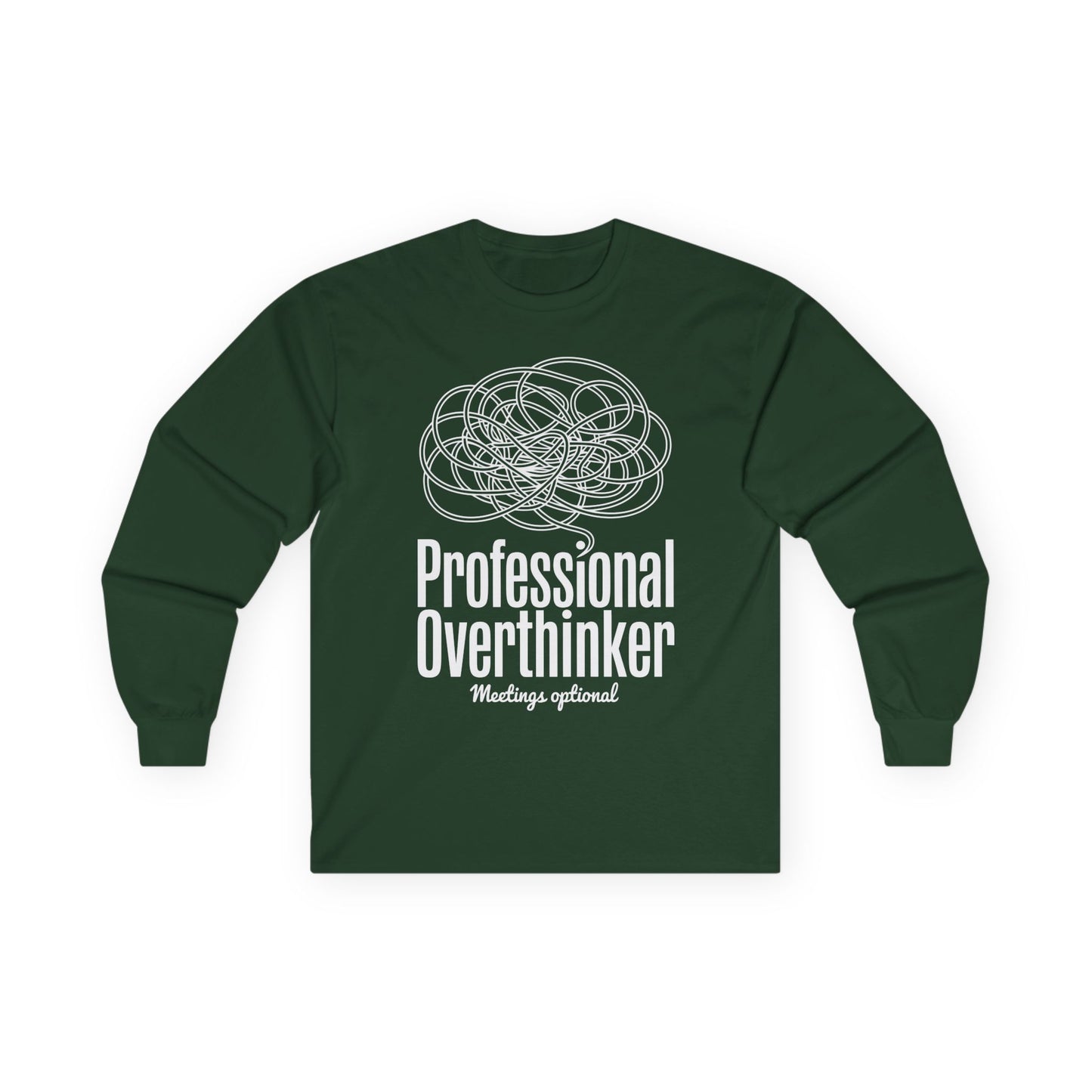 TEEZOCA minimalist brain doodle overthinker unisex long-sleeve tee Green long-sleeve shirt with white text and design on a white background