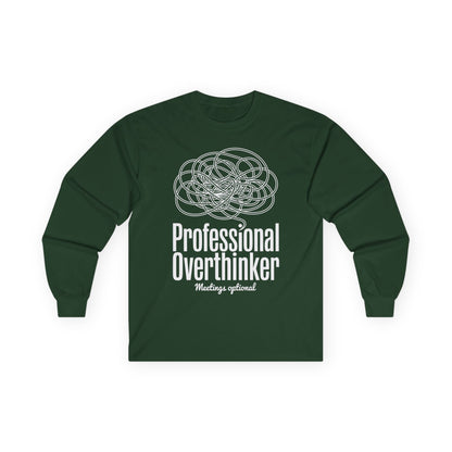 TEEZOCA minimalist brain doodle overthinker unisex long-sleeve tee Green long-sleeve shirt with white text and design on a white background