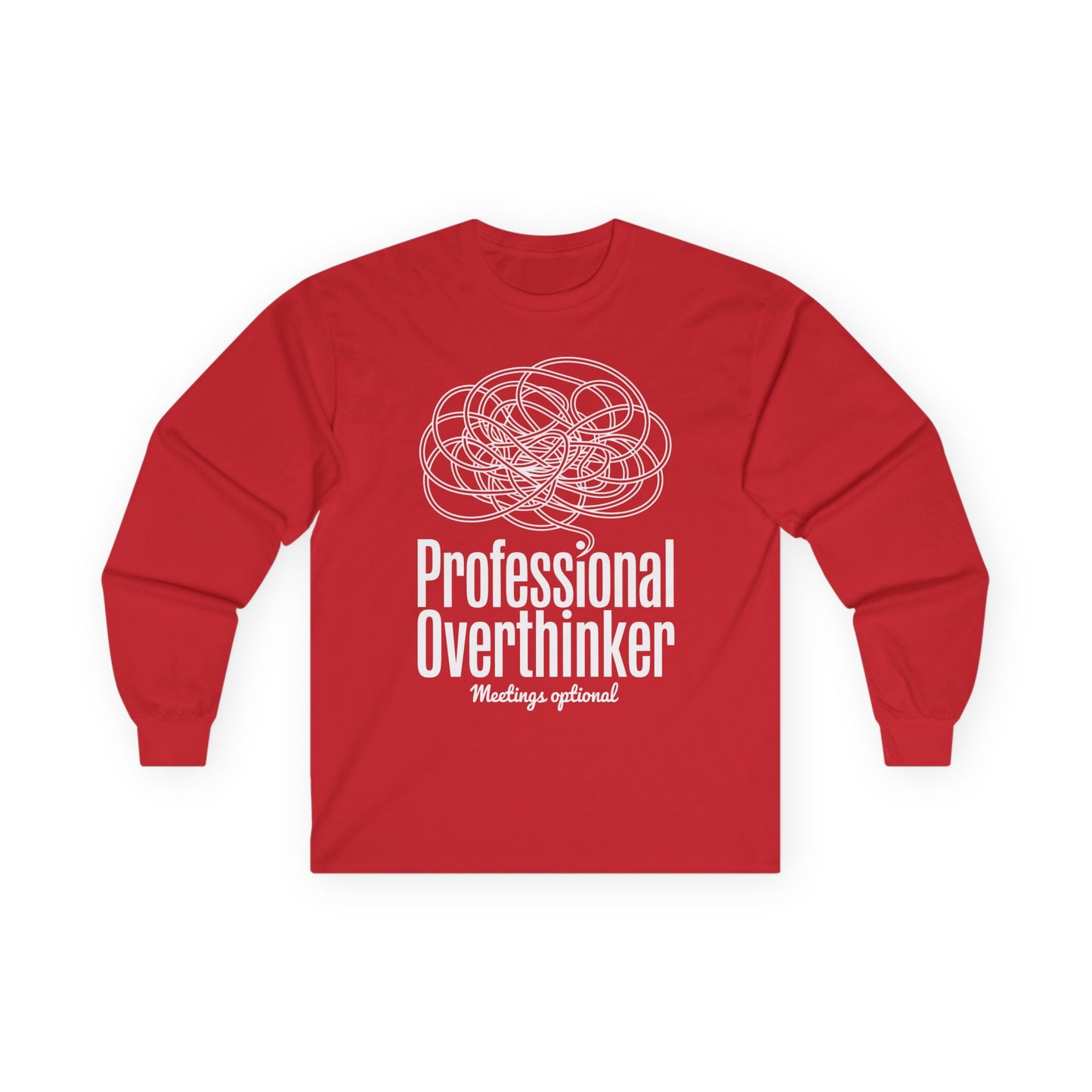 TEEZOCA minimalist brain doodle overthinker unisex long-sleeve tee Red long-sleeve shirt with white graphic and text on a white background