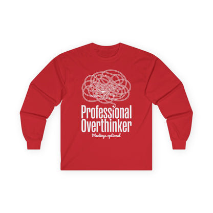 TEEZOCA minimalist brain doodle overthinker unisex long-sleeve tee Red long-sleeve shirt with white graphic and text on a white background
