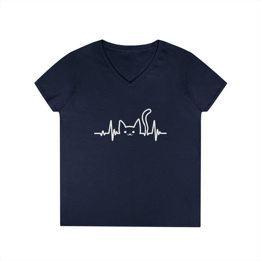 Minimal Cat Heartbeat V-Neck T-Shirt Cute Aesthetic Pet Lover Tee | TEEZOCA 