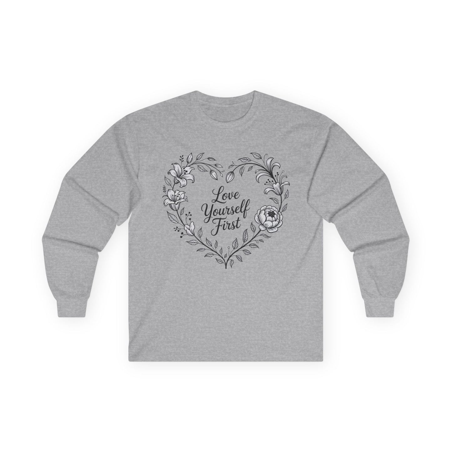 TEEZOCA minimalist floral heart love yourself first on unisex long-sleeve t-shirt Gray long-sleeve shirt with floral heart design and 'Love Yourself First' text on a white background