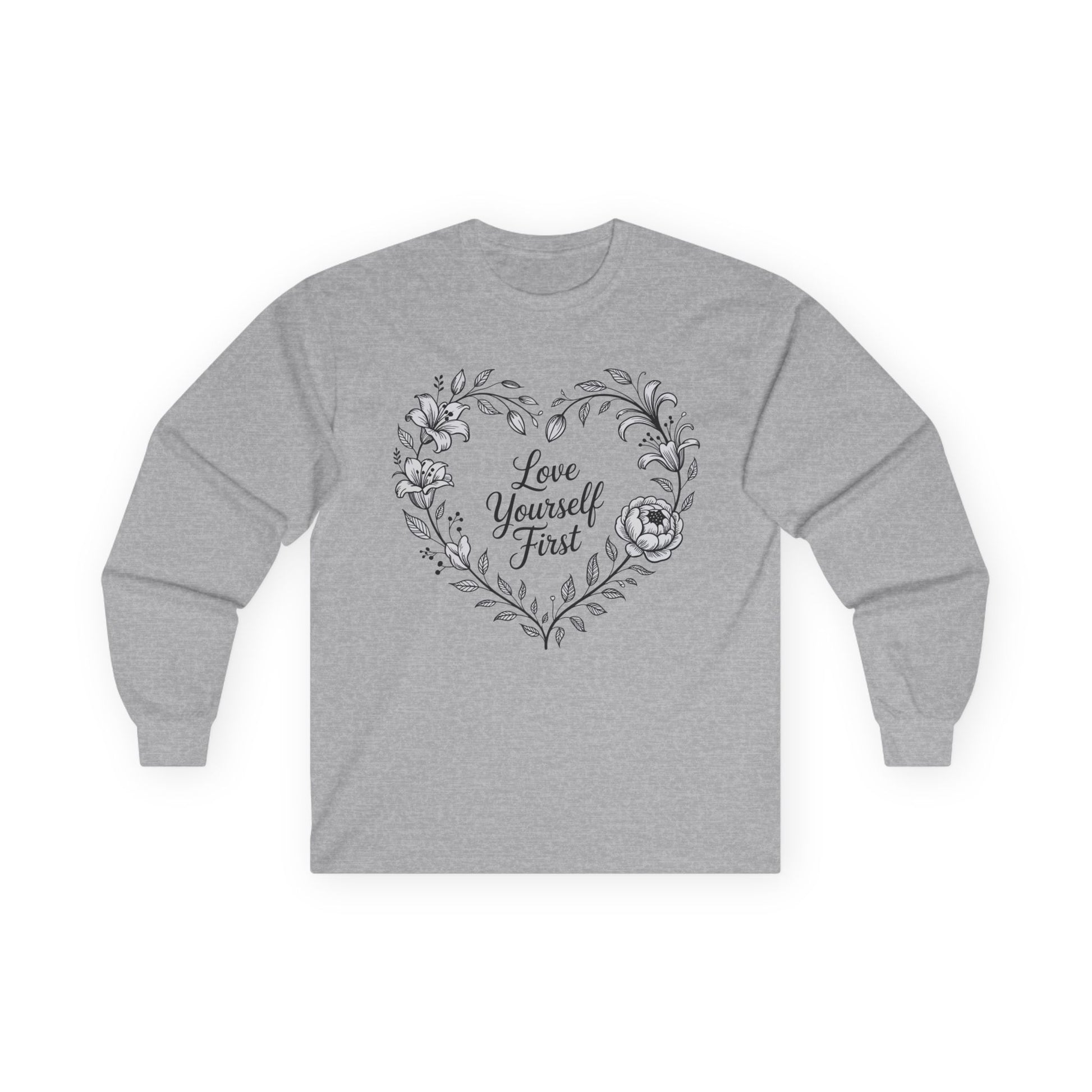 TEEZOCA minimalist floral heart love yourself first on unisex long-sleeve t-shirt Gray long-sleeve shirt with floral heart design and 'Love Yourself First' text on a white background