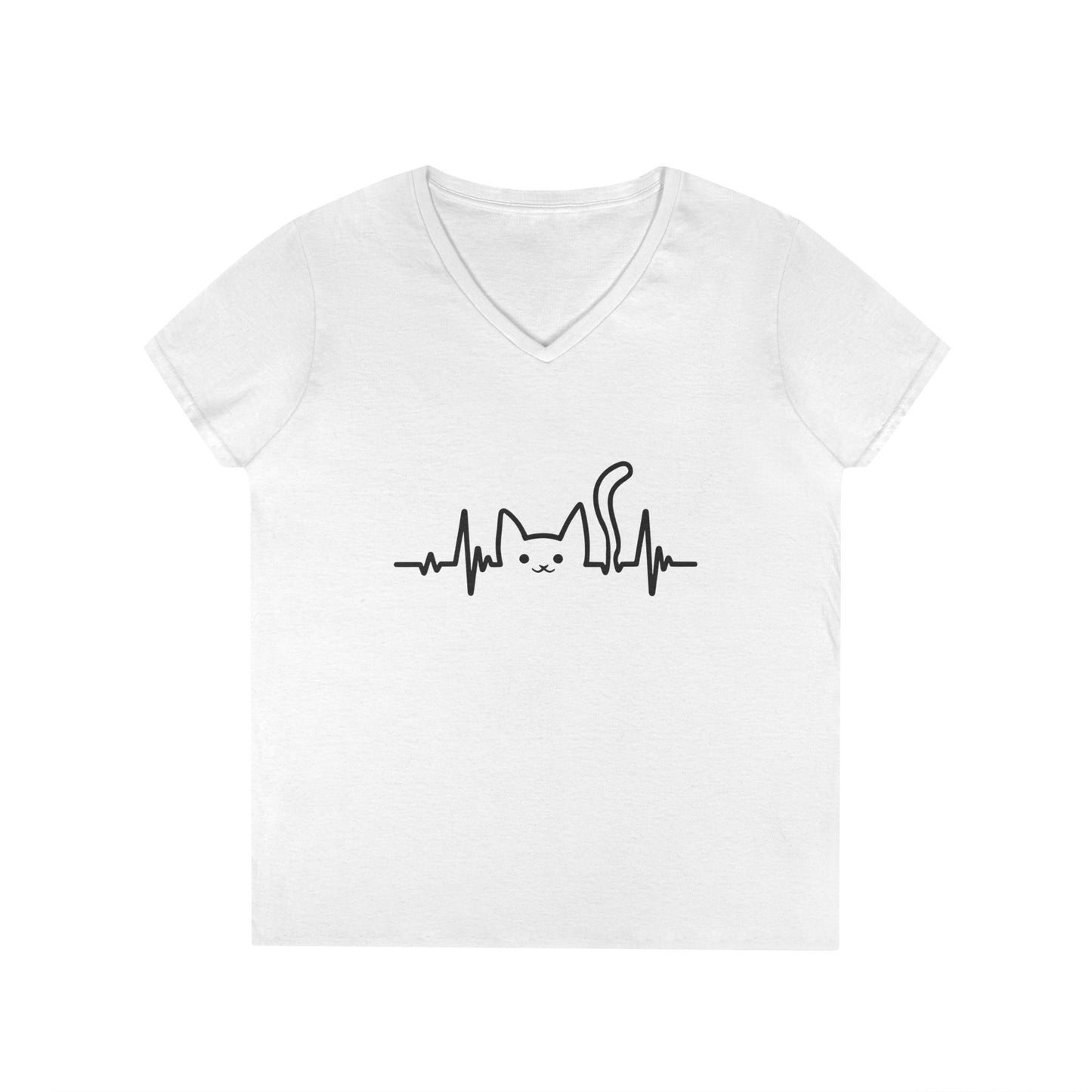 Abstract Cat Heartbeat V-Neck T-Shirt Minimal Pet Lover Statement Tee | TEEZOCA 