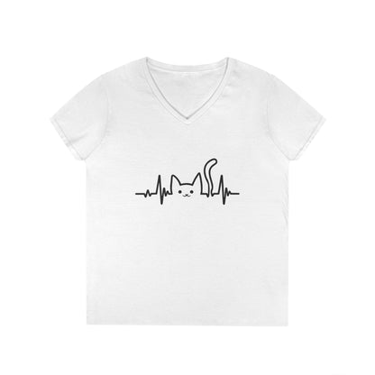 Abstract Cat Heartbeat V-Neck T-Shirt Minimal Pet Lover Statement Tee | TEEZOCA 