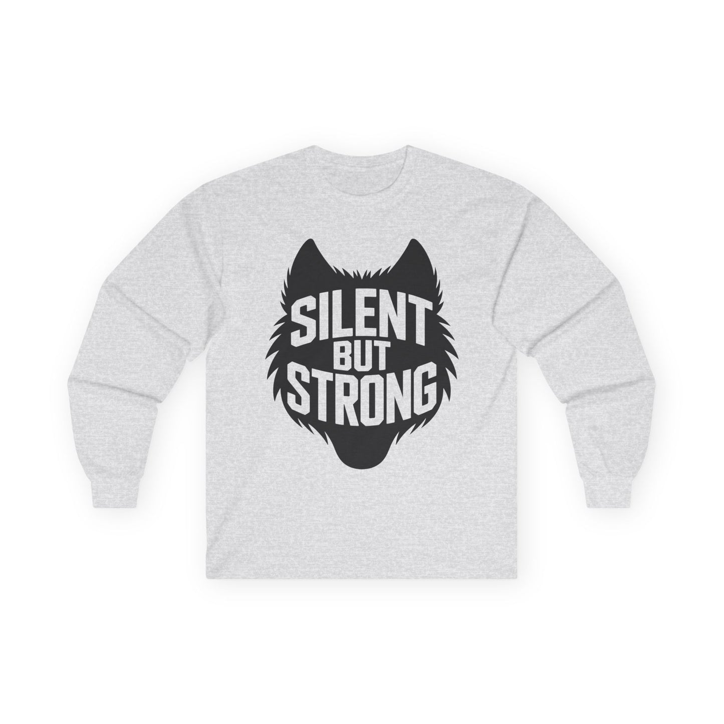 TEEZOCA minimalist power quote long-sleeve t-shirt Gray sweatshirt with a black wolf graphic and 'Silent But Strong' text on a white background