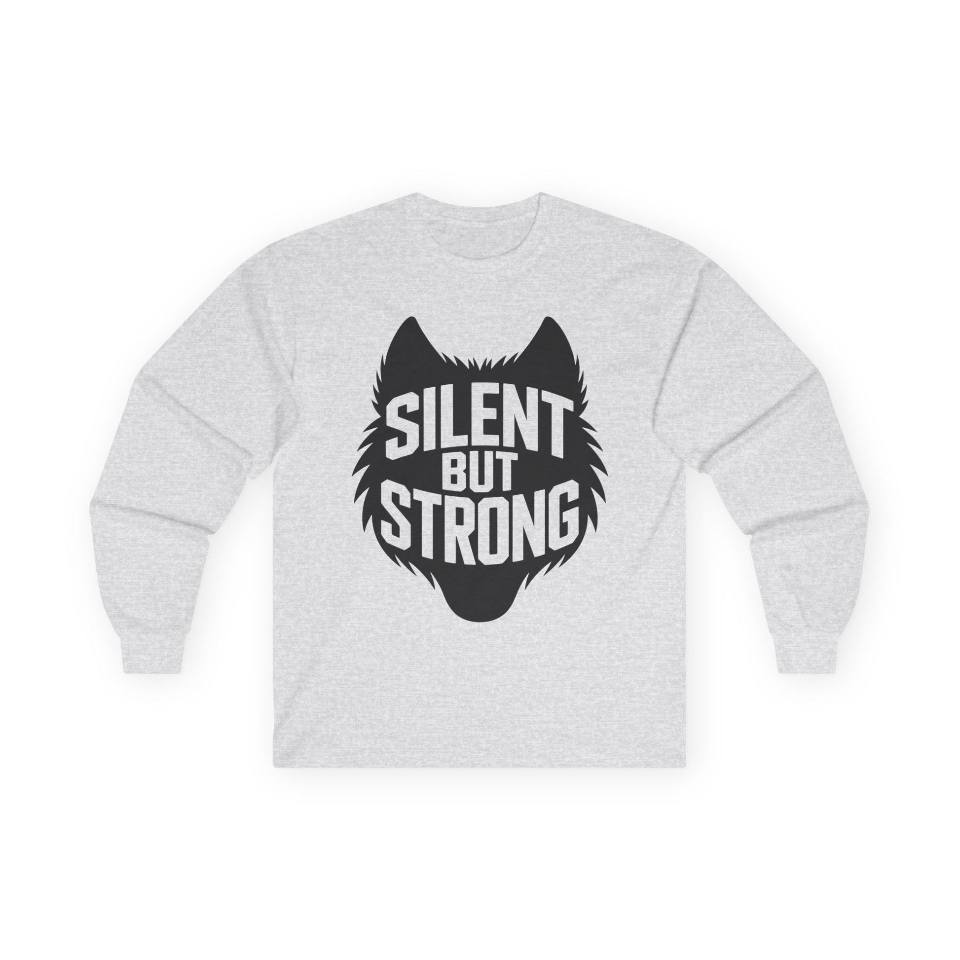 TEEZOCA minimalist power quote long-sleeve t-shirt Gray sweatshirt with a black wolf graphic and 'Silent But Strong' text on a white background