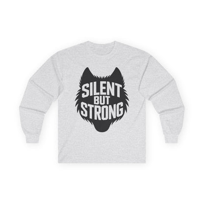 TEEZOCA minimalist power quote long-sleeve t-shirt Gray sweatshirt with a black wolf graphic and 'Silent But Strong' text on a white background