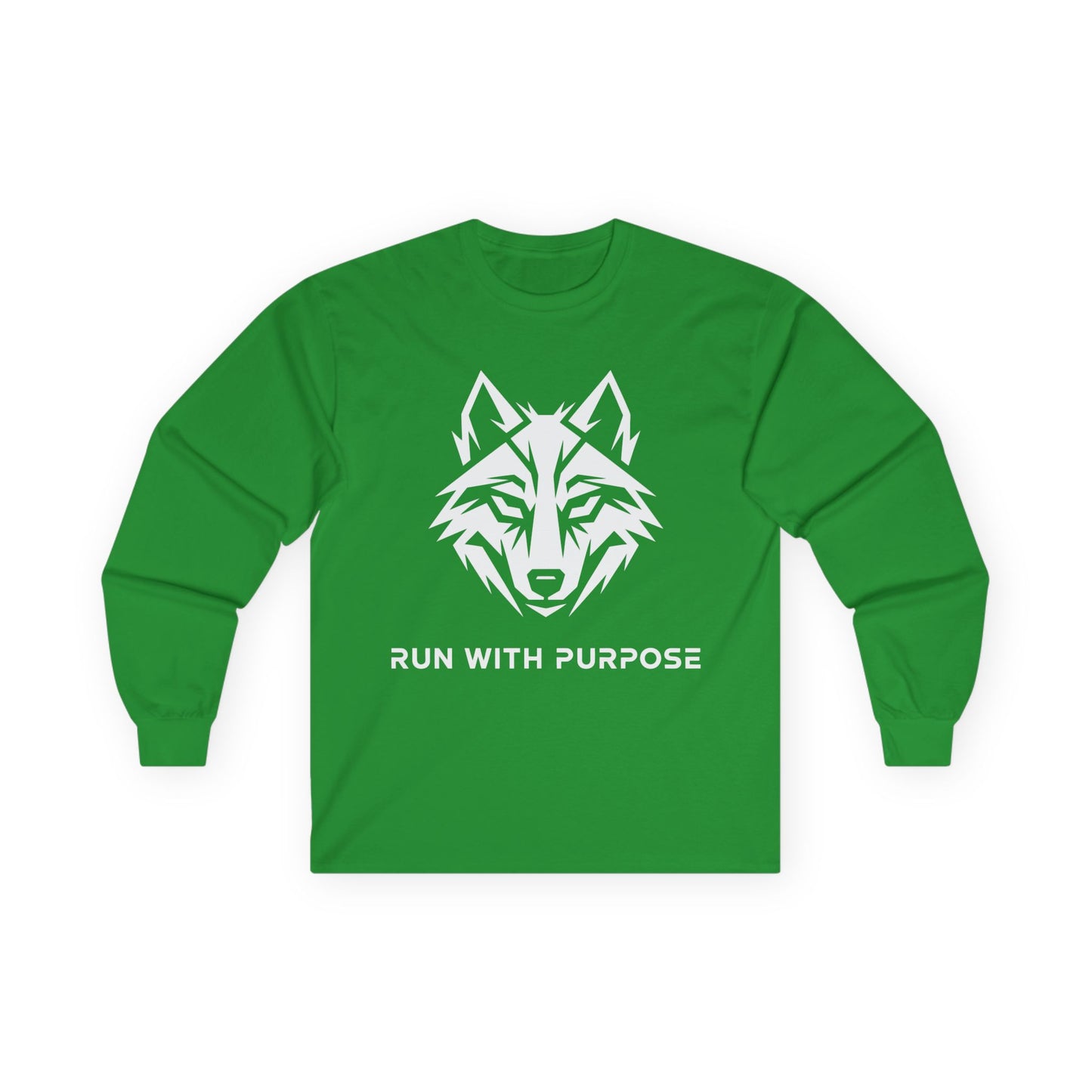 TEEZOCA minimalist wolf design purpose-driven long-sleeve tee Green long-sleeve shirt with a wolf graphic and 'Run with Purpose' text on a white background