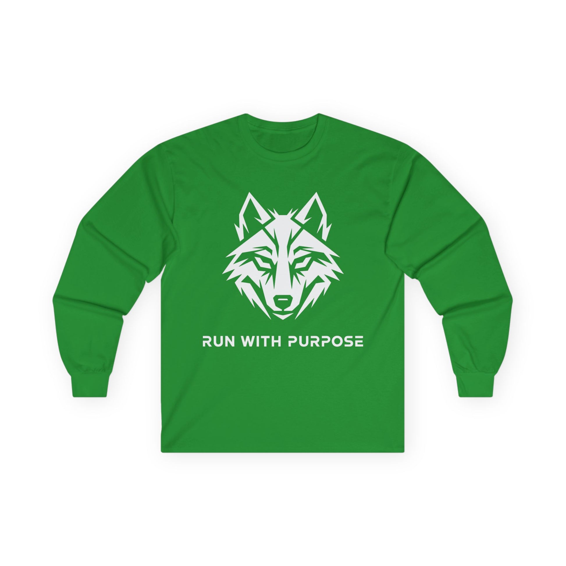 TEEZOCA minimalist wolf design purpose-driven long-sleeve tee Green long-sleeve shirt with a wolf graphic and 'Run with Purpose' text on a white background
