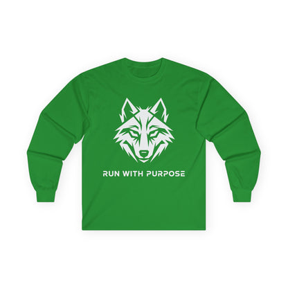 TEEZOCA minimalist wolf design purpose-driven long-sleeve tee Green long-sleeve shirt with a wolf graphic and 'Run with Purpose' text on a white background