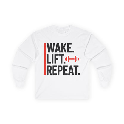 TEEZOCA minimalist workout long-sleeve t-shirt design White sweatshirt with 'Wake. Lift. Repeat.' text and barbell graphic on a white background