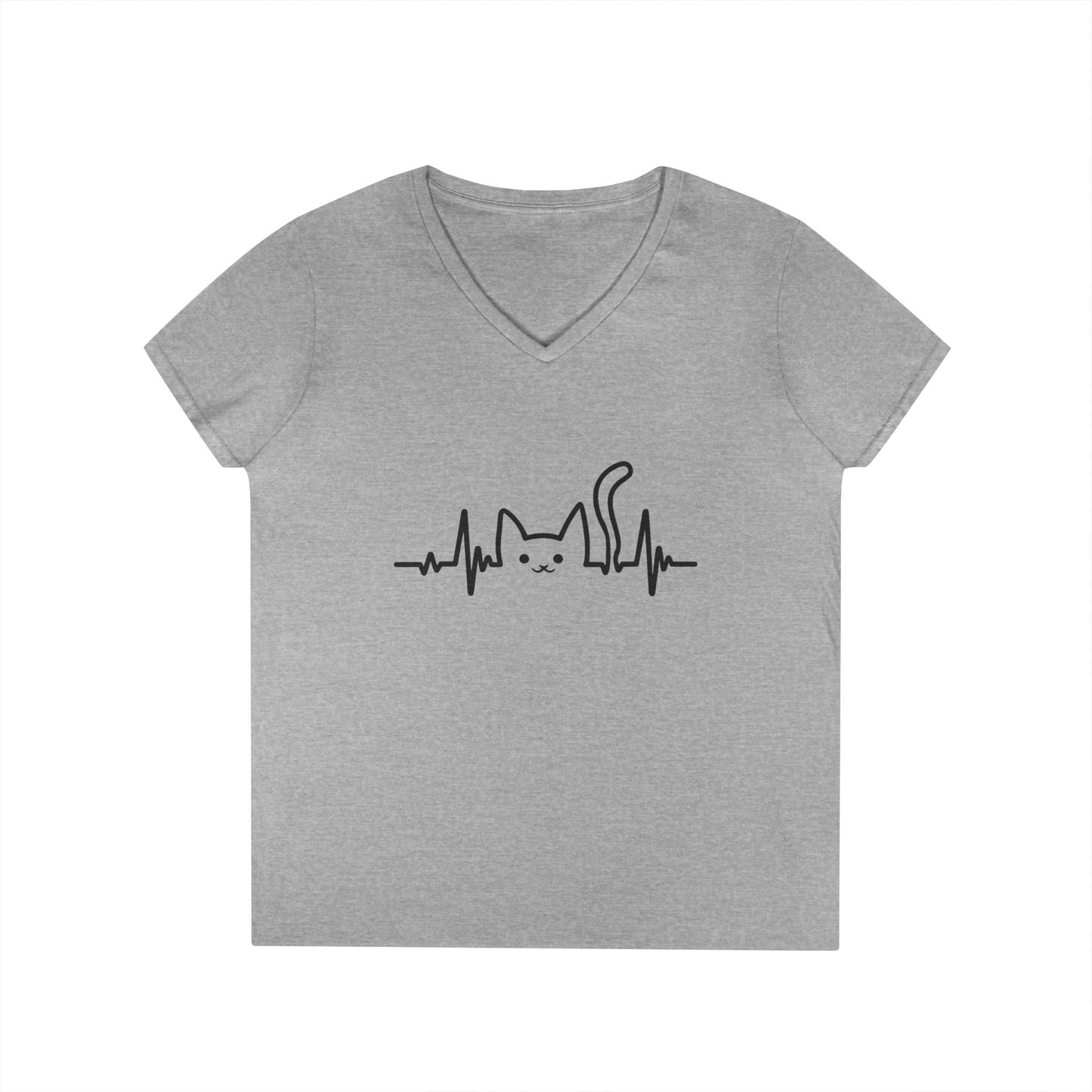 Abstract Cat Heartbeat V-Neck T-Shirt Minimal Pet Lover Statement Tee | TEEZOCA 
