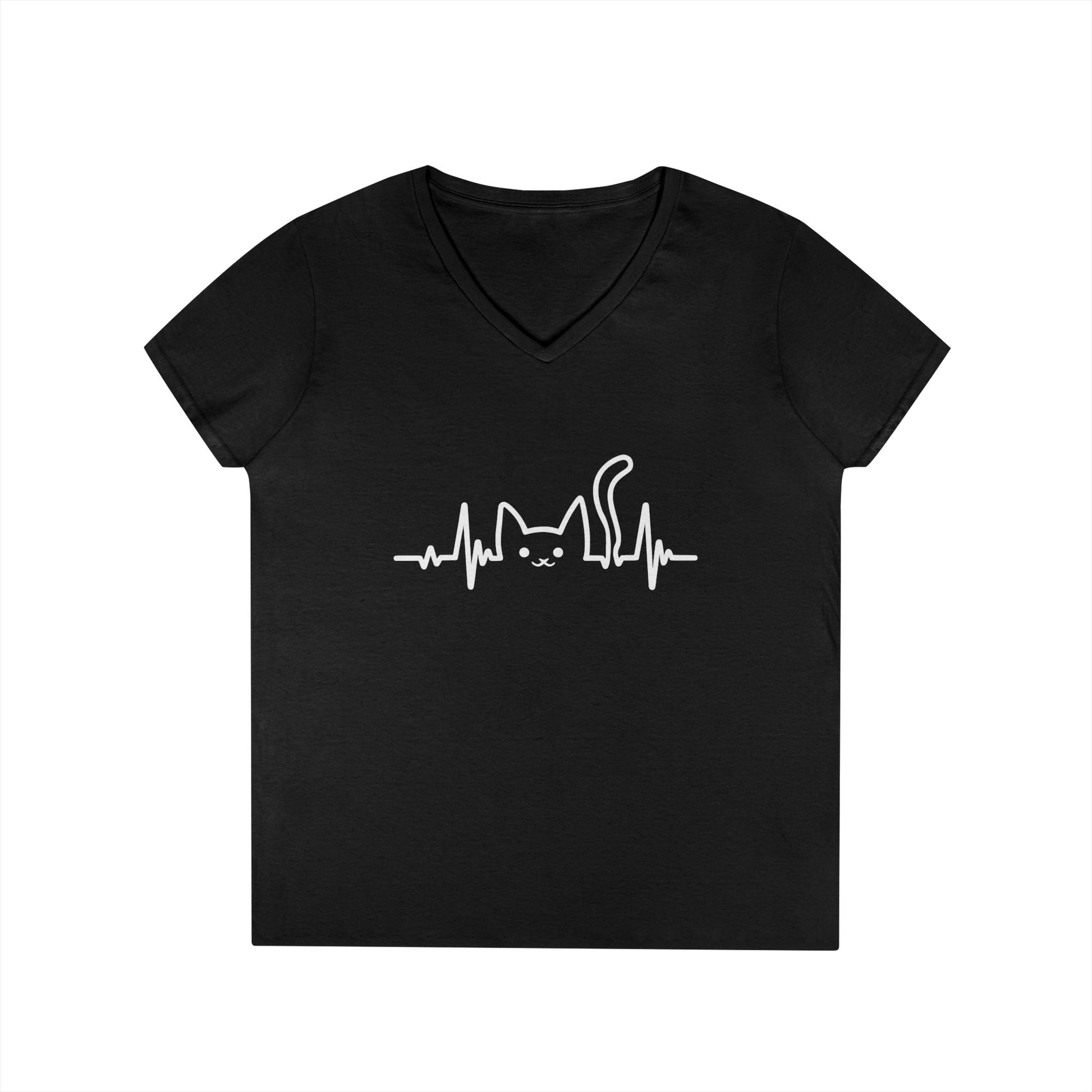 Minimal Cat Heartbeat V-Neck T-Shirt Cute Aesthetic Pet Lover Tee | TEEZOCA 