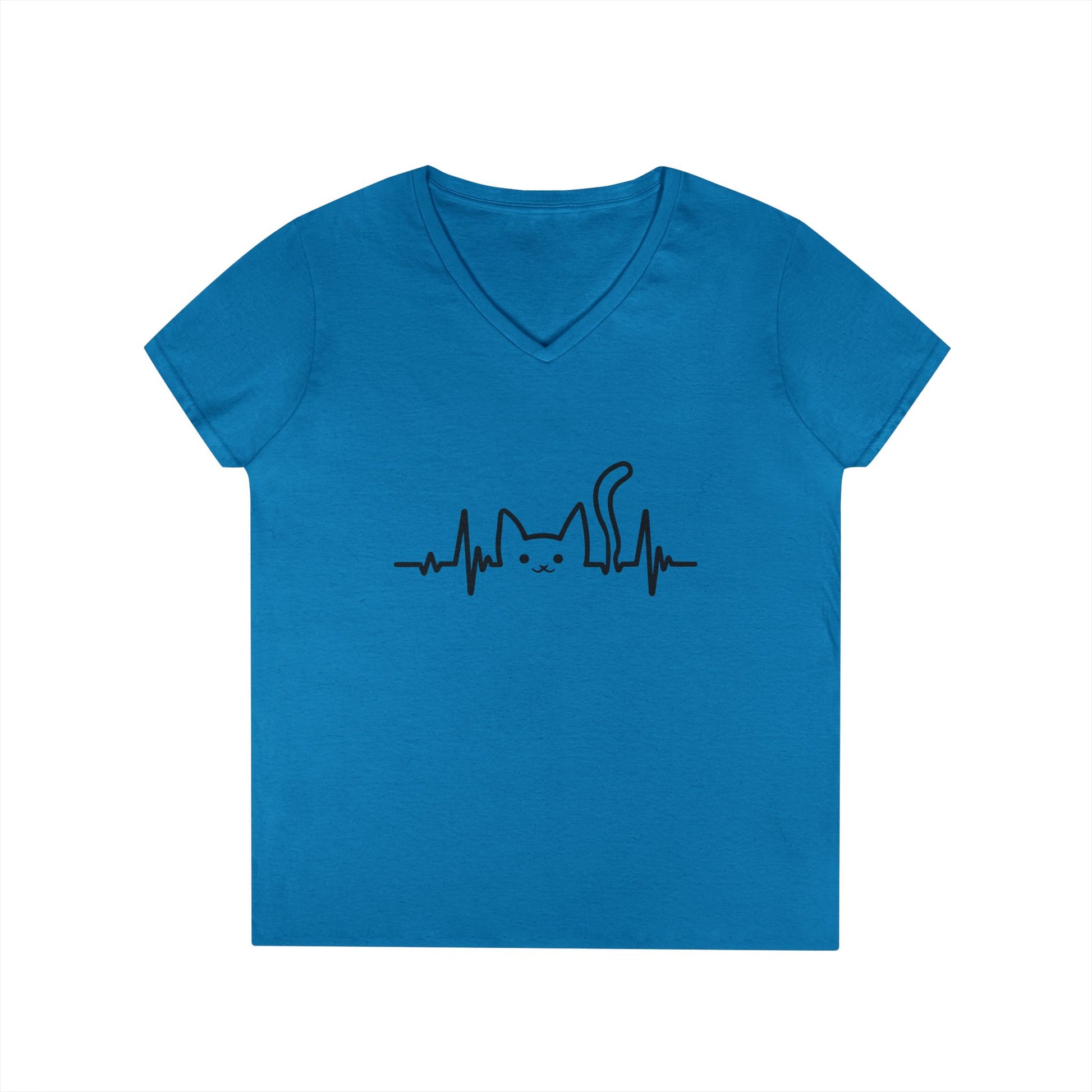 Abstract Cat Heartbeat V-Neck T-Shirt Minimal Pet Lover Statement Tee | TEEZOCA 