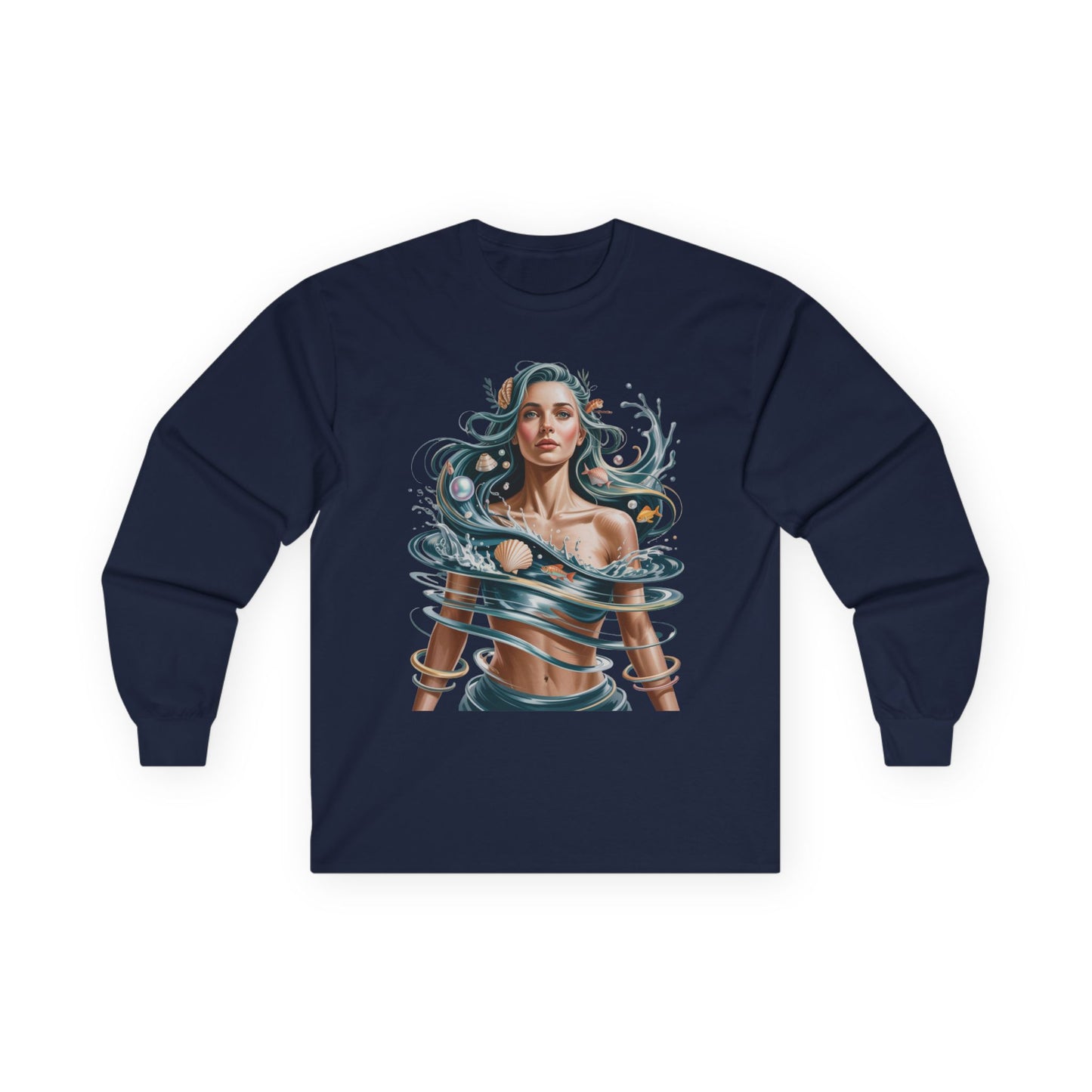 TEEZOCA modern ocean wave illustration unisex long-sleeve t-shirt Navy blue long-sleeve shirt with a graphic design of a woman with water elements on a white background