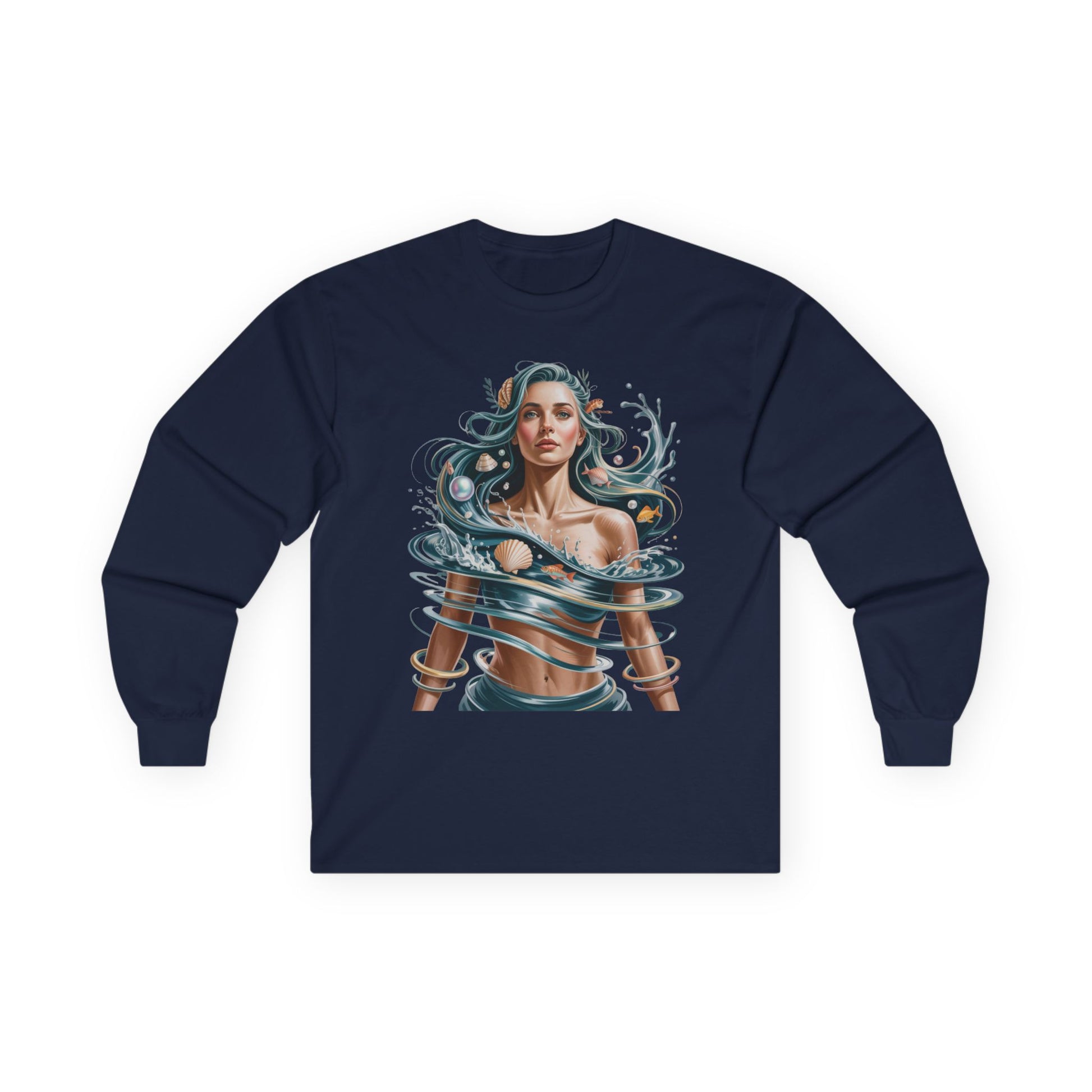 TEEZOCA modern ocean wave illustration unisex long-sleeve t-shirt Navy blue long-sleeve shirt with a graphic design of a woman with water elements on a white background