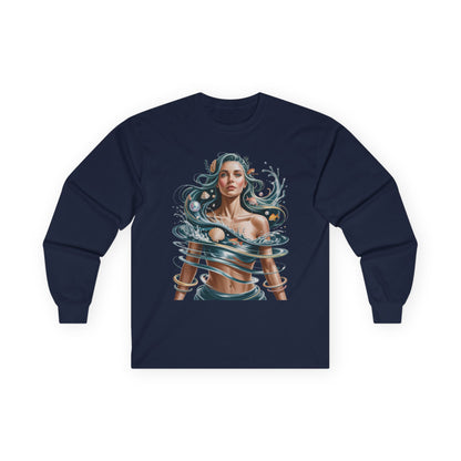 TEEZOCA modern ocean wave illustration unisex long-sleeve t-shirt Navy blue long-sleeve shirt with a graphic design of a woman with water elements on a white background