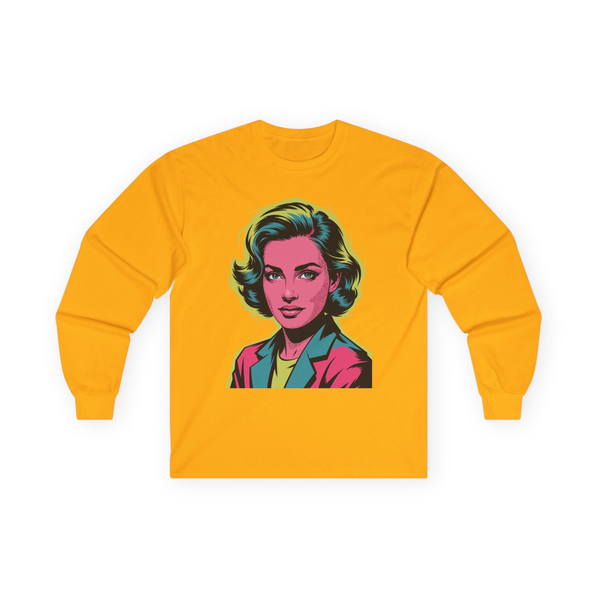 TEEZOCA modern pop art portrait artwork on unisex long-sleeve t-shirt Yellow long-sleeve shirt with a graphic of a person's face on a white background