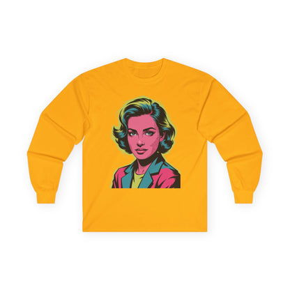 TEEZOCA modern pop art portrait artwork on unisex long-sleeve t-shirt Yellow long-sleeve shirt with a graphic of a person's face on a white background