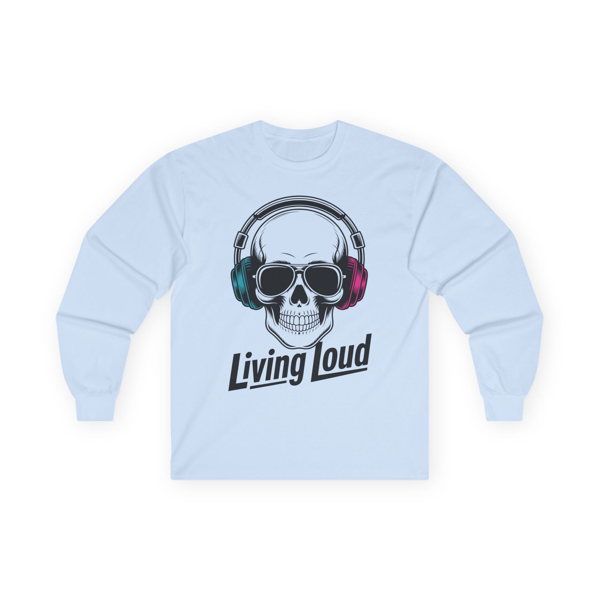 TEEZOCA modern skull and headphones graphic unisex long-sleeve tee Light blue sweatshirt with skull and headphones graphic and 'Living Loud' text on a white background
