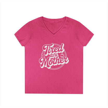 Tired as a Mother V-Neck T-Shirt Bold Mom Humor Statement Tee | TEEZOCA 
