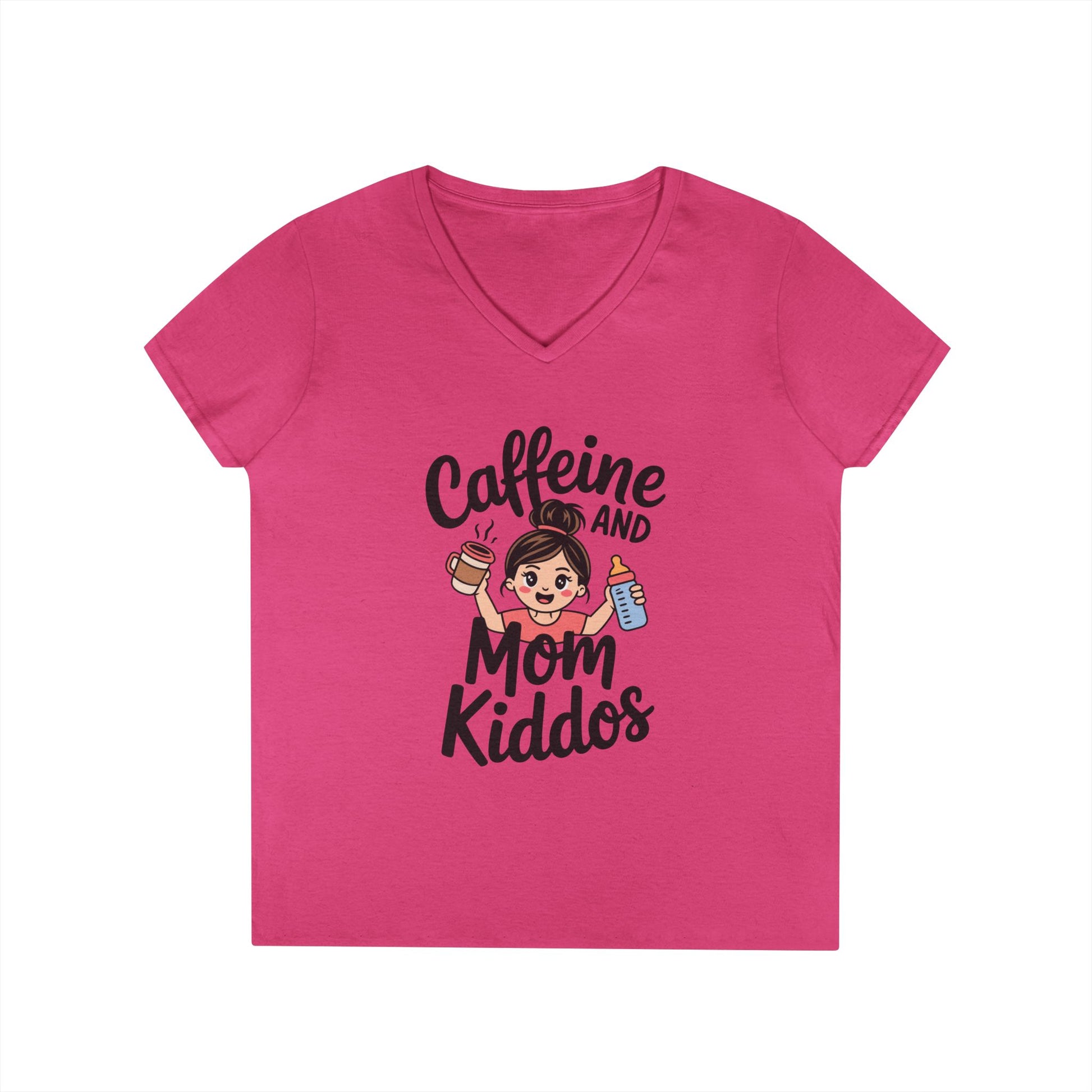 Caffeine and Mom Kiddos Life V-Neck T-Shirt for Busy Moms | TEEZOCA 